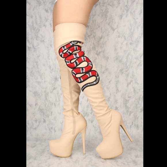 Shoes - 6" Nude Platform Heel Thigh Boots Red Snake Design